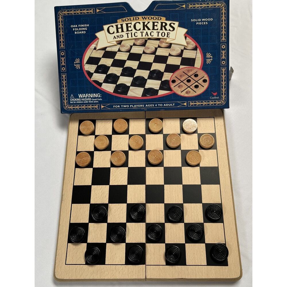 Cardinal Checkers Tic Tac Toe Set Folding Solid Wood Board 11.5x11.5 in Case